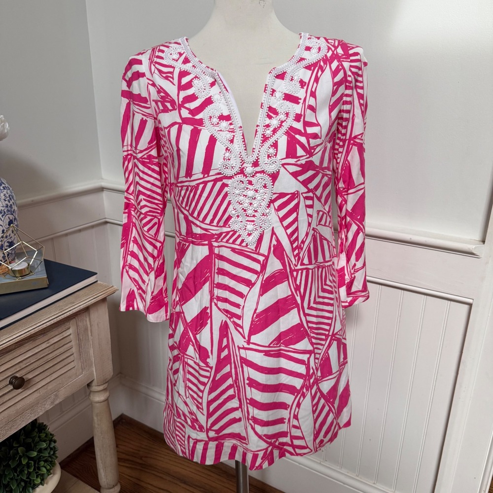Lilly Pulitzer Pink White Sailboat Beaded Shift Dress XS Three Quarter Sleeve